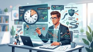 Иллюстрация процесса анализа стоимости истекшего домена с графиками и финансовыми символами в современном стиле